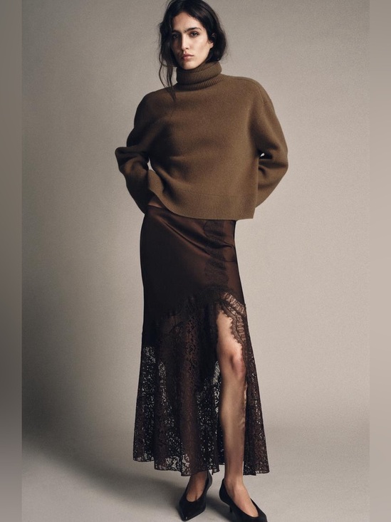 Zara Dresses & Skirts - NWOT. Zara ZW Collection Brown High-waist Satin Midi Skirt with Lace. Size S.